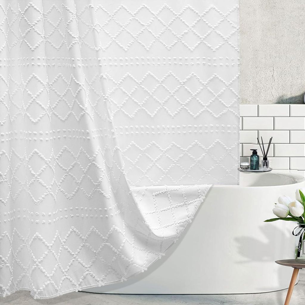Duschvorhang 90 x 180 cm, weißer Stoff, schmaler Duschvorhang, waschbar, klein, Boho-Stil, Badewannenvorhang