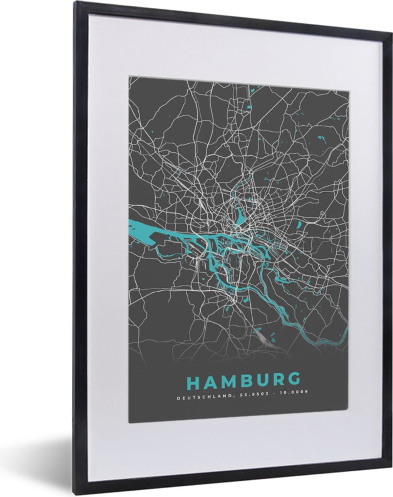 MuchoWow Gerahmtes Poster Karte - Stadtplan - Hamburg - Deutschland - Blau 30x40 cm - Poster mit Schwarzem Bilderrahmen Wandposter Rahmen Foto Bi...