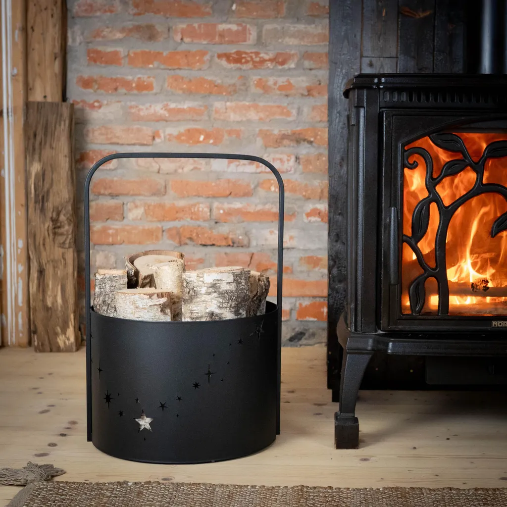 Rastrelliera per legna da ardere in metallo nero con manico D38cm, rastrelliera per legna da ardere, rustica