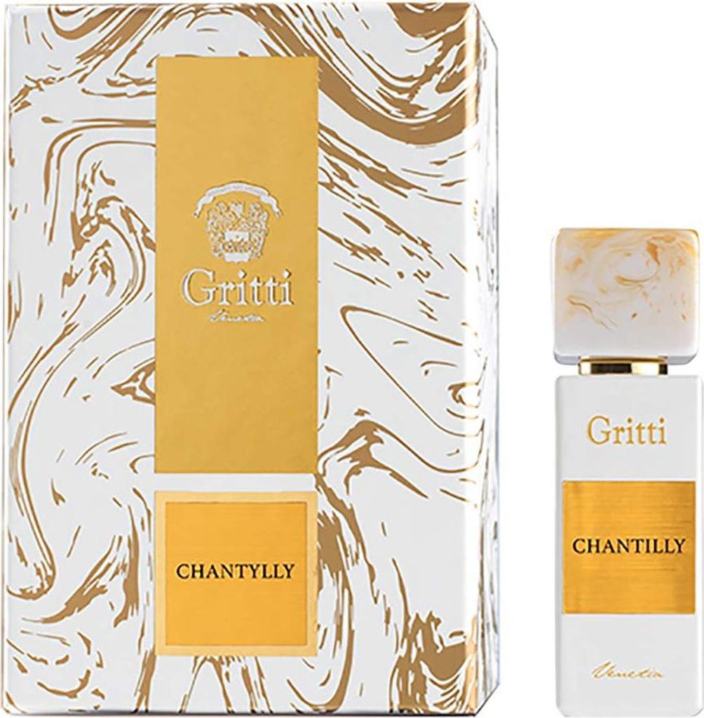 A perfume box and bottle are displayed side-by-side against a white background with a marble-like pattern.