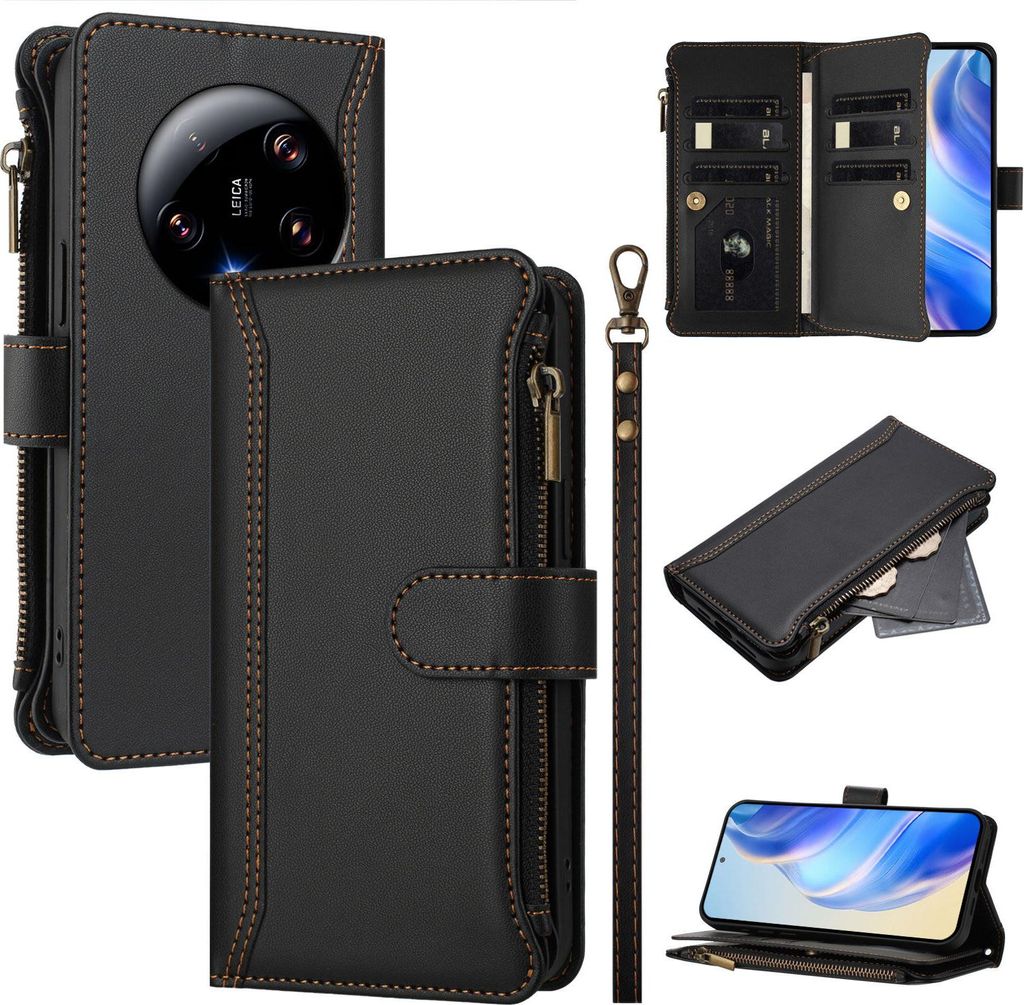 Handyhülle für Xiaomi 13 Ultra Reißverschluss Geldbörse Kunstleder Klapphülle mit Kartensteckplatz, Ständer, Handschlaufe Schwarz