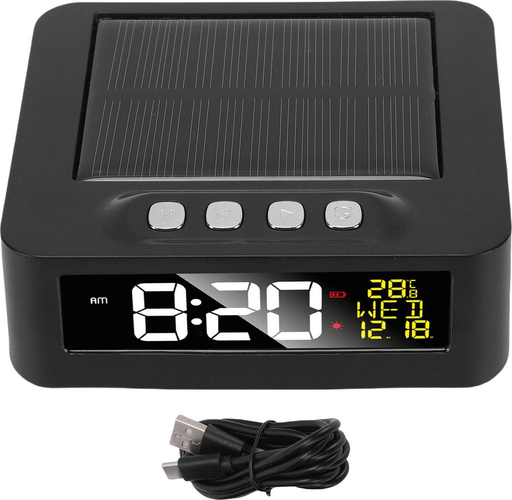 Solarbetriebene Auto-Uhr 12h 24h LCD-Uhr für Fahrzeuge mit Daten- und Temperaturanzeige Zwei Alarme Müdigkeitswarnung für Lkw Schwarz