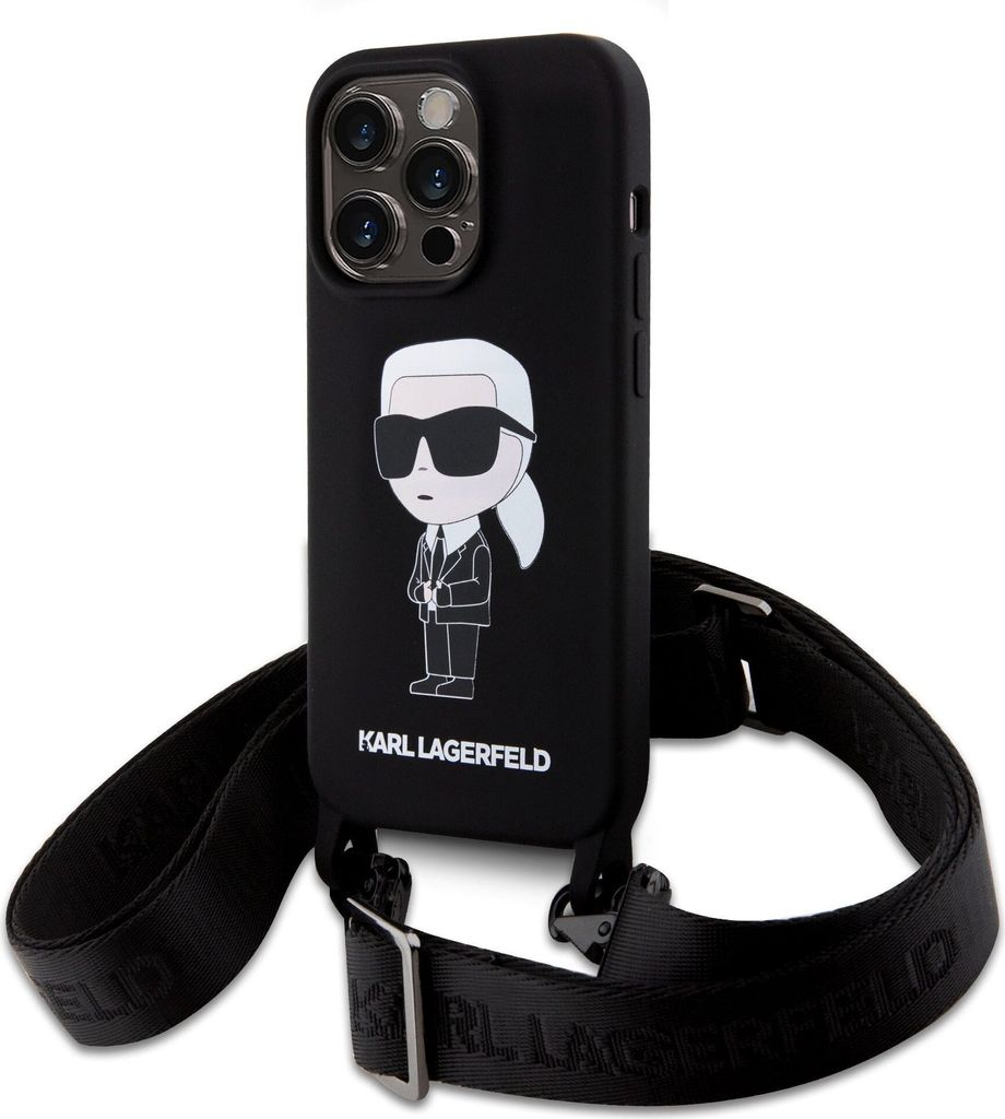 A black iPhone case with a Karl Lagerfeld graphic and a crossbody strap.