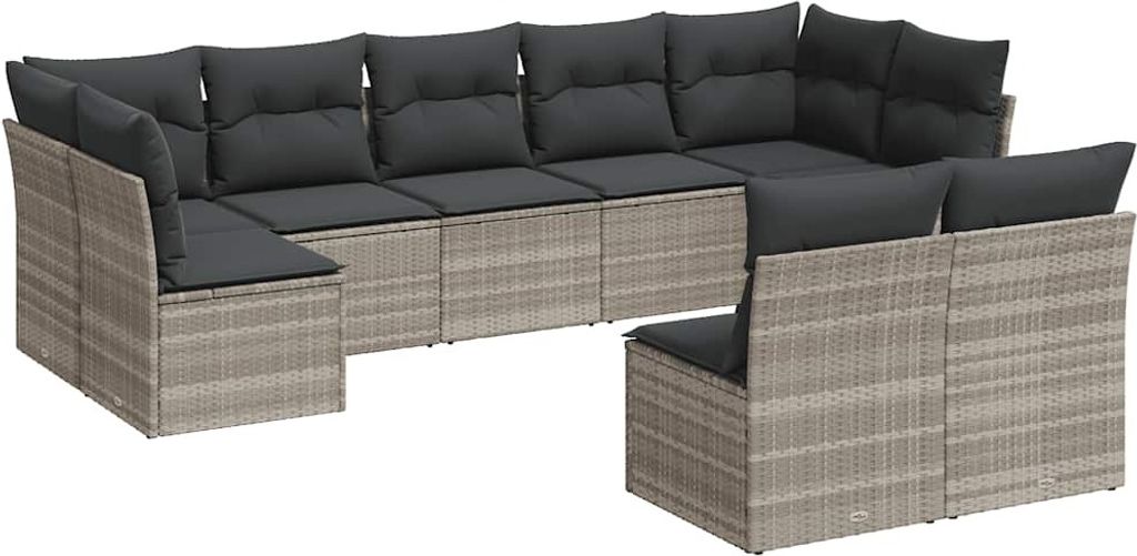 vidaXL 9-tlg. Garten-Sofagarnitur mit Kissen Hellgrau Poly Rattan