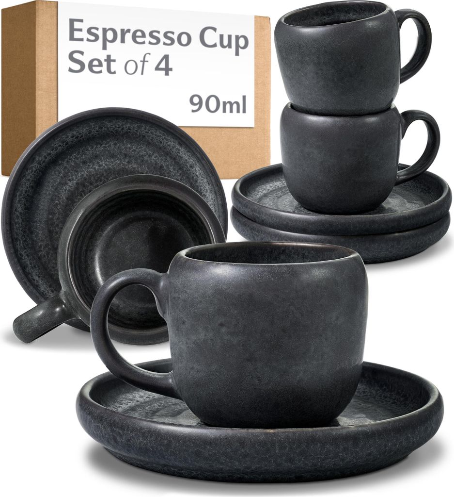 Cosumy 4er Espressotassen Set mit Untertassen Schwarz – 90 ml Keramik Espresso Tassen Set – Hält lange warm dank dickwandigem Steingut – Ele...