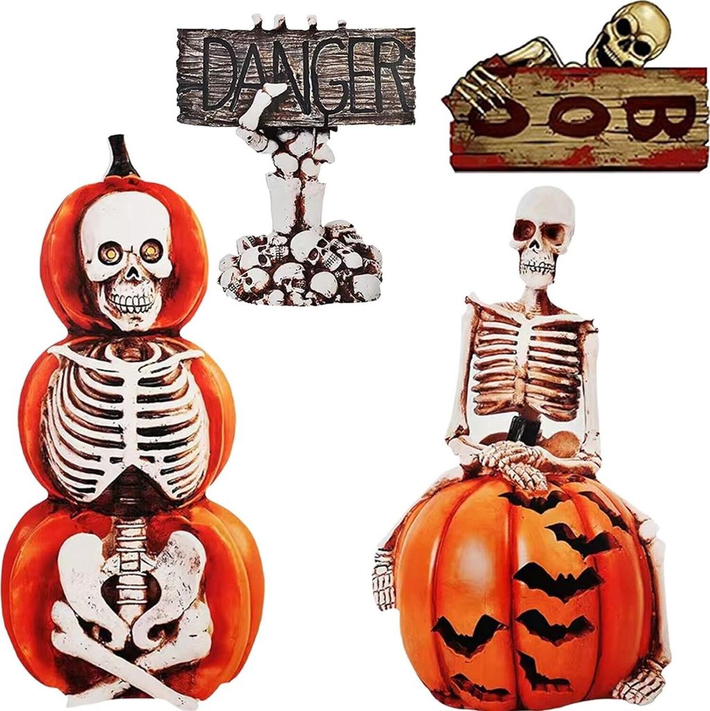 Gartendekorationen für Halloween, Kürbisse mit Gespenstern und Skeletten