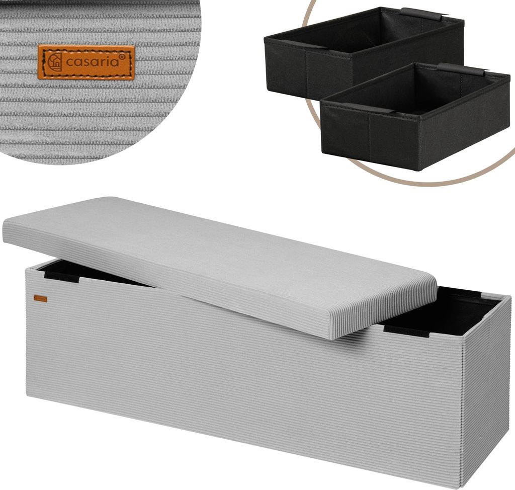 CASARIA Sitzbank mit Stauraum Cord inkl. 2 Boxen Faltbar Sitzbank 300kg Belastbar 76x38cm Truhe für Wohnzimmer Schlafzimmer Flur Truhenbank Bank...