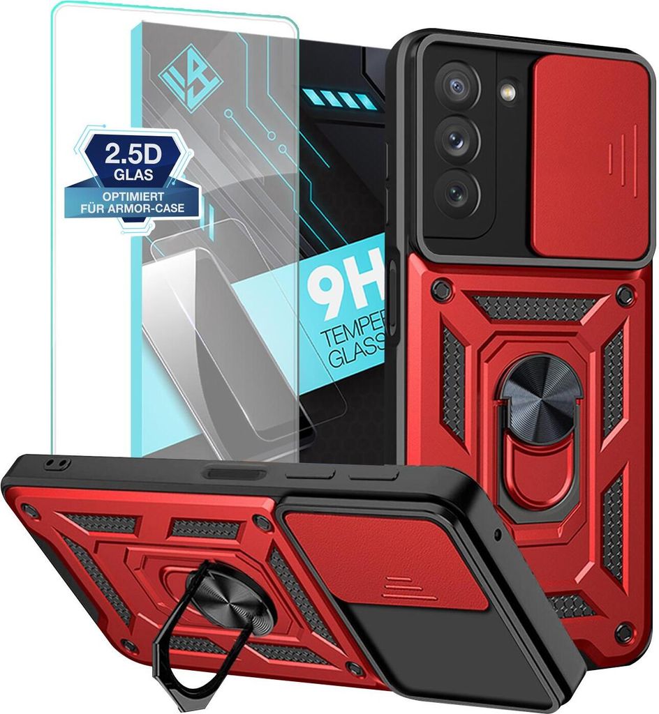 Armor Handyhülle für Samsung Galaxy S22 mit 9H Displayglas Displayschutz Kameraschutz Handy Panzer Case Cover Schutzhülle Outdoor Farbe: Rot