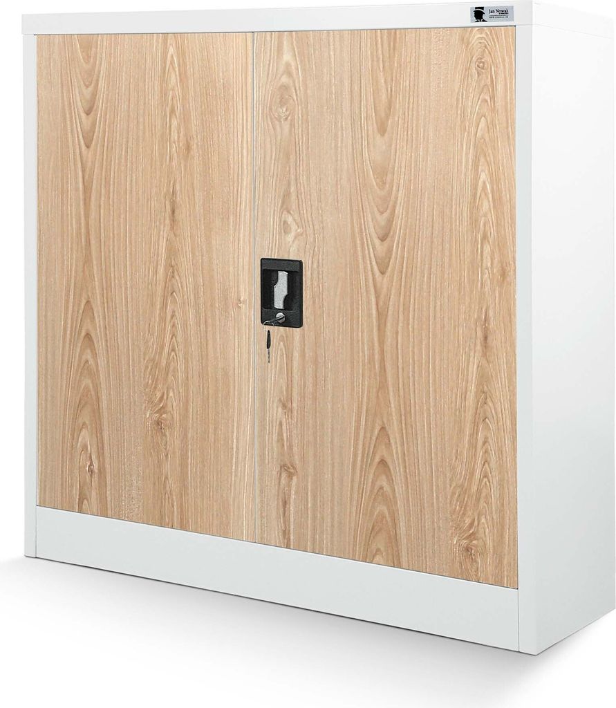 A white metal cabinet with wood-grain effect doors.