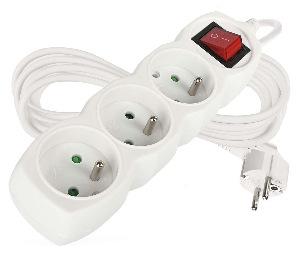 Prodlužovací kabel 5 m / 3 zásuvky / s vypínačem / bílý / PVC / 1 mm2