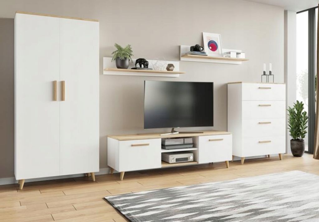 MATKAM Wohnzimmermöbel-Set Nord 2, 5-teilig, 1 x TV-Kommode, 1 x Wohnzimmerschrank, 1 Schuladekommode, 2 x Hängeregale (Weiß-Artisan Eiche)