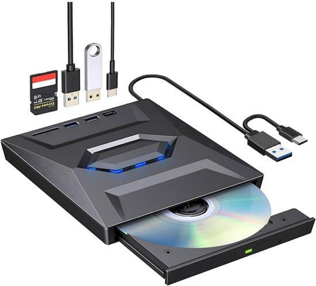 externe 3-in-1 optische Laufwerk mit USB-Hub und SD-Kartenleser - USB 3.0 und USB-C - Plug & Play - für Laptop und Computer
