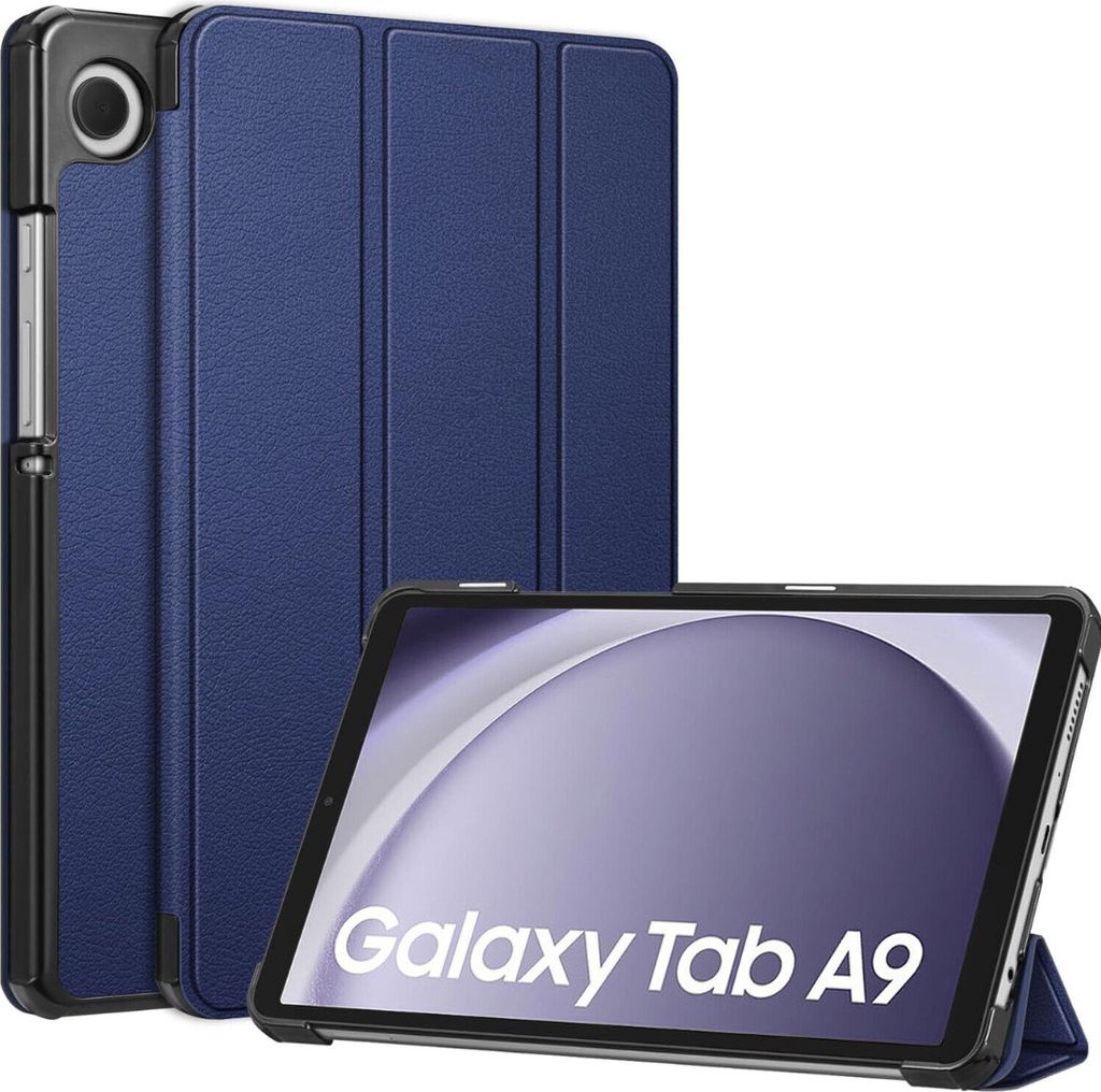 A blue tablet case is shown standing upright, with a tablet inside it displayed in front. The tablet screen shows the text 'Galaxy Tab A9'.