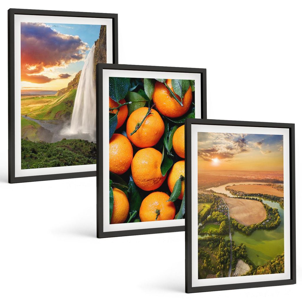Bilder Set 3-teilig im schwarzen Rahmen – Wandbilder 3 Stück – gerahmte Poster für Wohnzimmer, Schlafzimmer und Flur – 40x60 cm – Orange ...