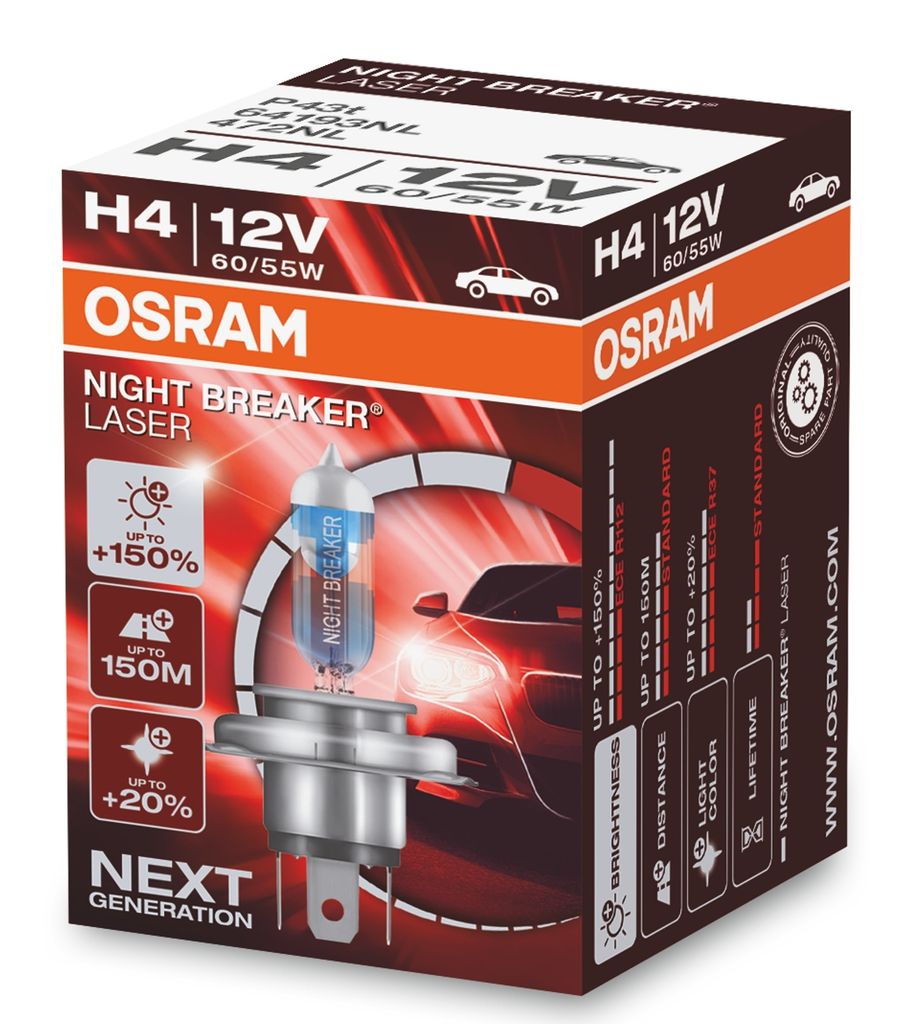 OSRAM H4 12V 60/55W P43t NIGHT BREAKER LASER +150% mehr Helligkeit 1 St.