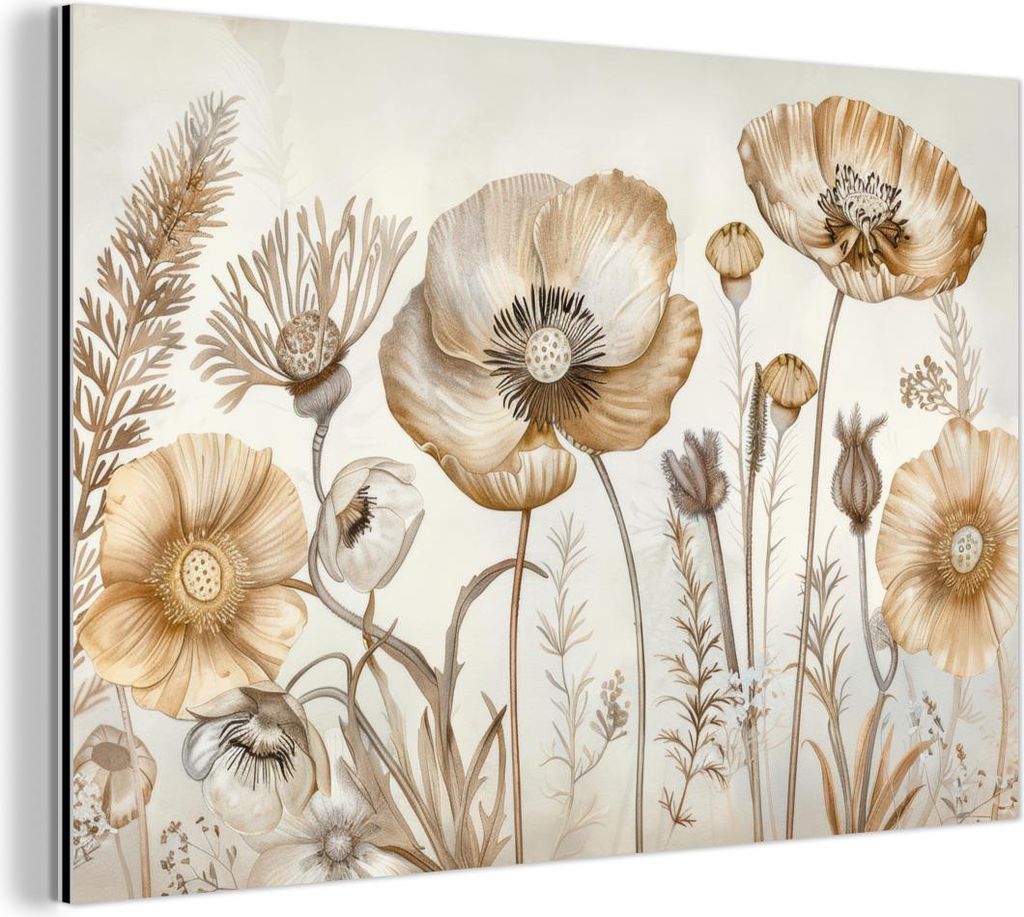 MuchoWow Wanddekoration Metall Metallbild Wandkunst 150x100 cm Blumen - Beige - Natur - Illustration MuchoWow Aluminium Gemälde - Alu Dibond Bild