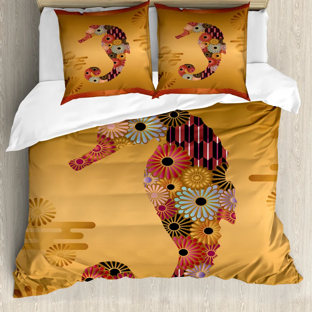 ABAKUHAUS Copripiumino per animali domestici, Seahorse Fiori elaborati, Antiacaro Adatto a chi soffre di allergie Con federe, 200 cm x 200 cm - 80 x 80 cm, Multicolore