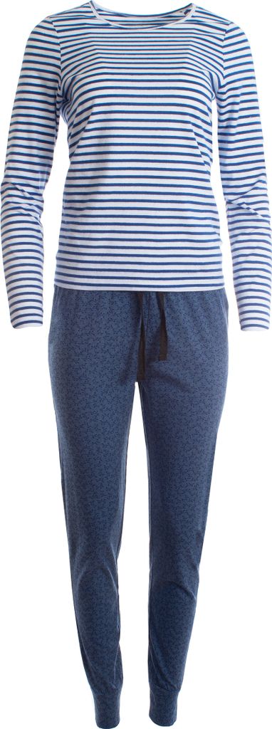 Damen Pyjama Schlafanzug 2-teilig mit Hose & Oberteil Blau Gestreift-S