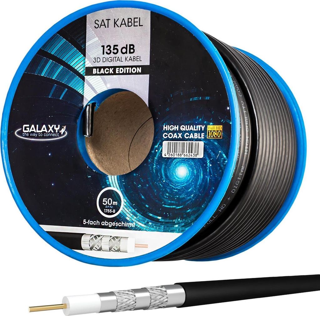 hb-digital 50m Koaxialkabel Galaxy mit Außen Durchmesser 7mm 135dB 5-Fach geschirmt Stahl Kupfer schwarz