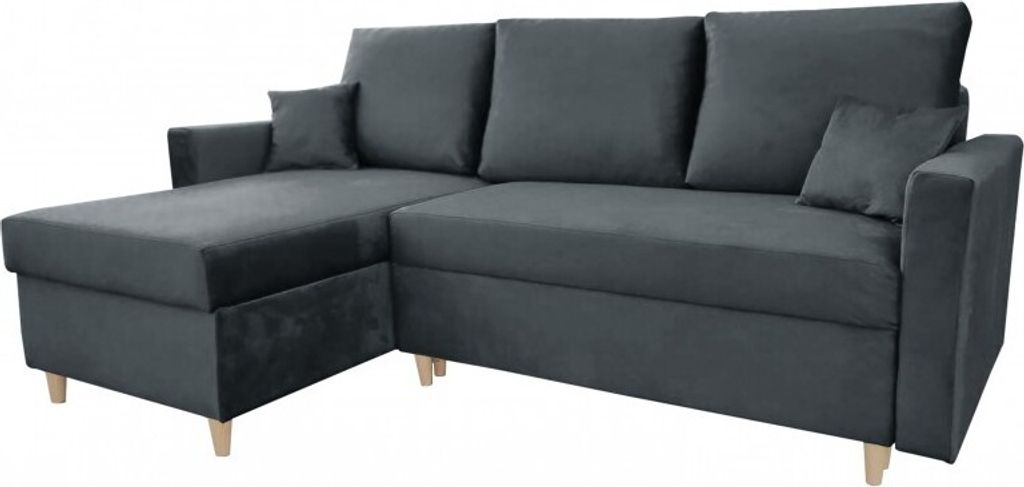 Ecksofa MON, Eckcouch in L-Form mit Schlaffunktion und Bettkasten, Farbe: Dunkelgrau, Veloursstoff, Ottomane Links oder Rechts