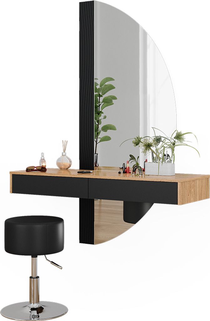 A vanity table with a mirror and a stool.