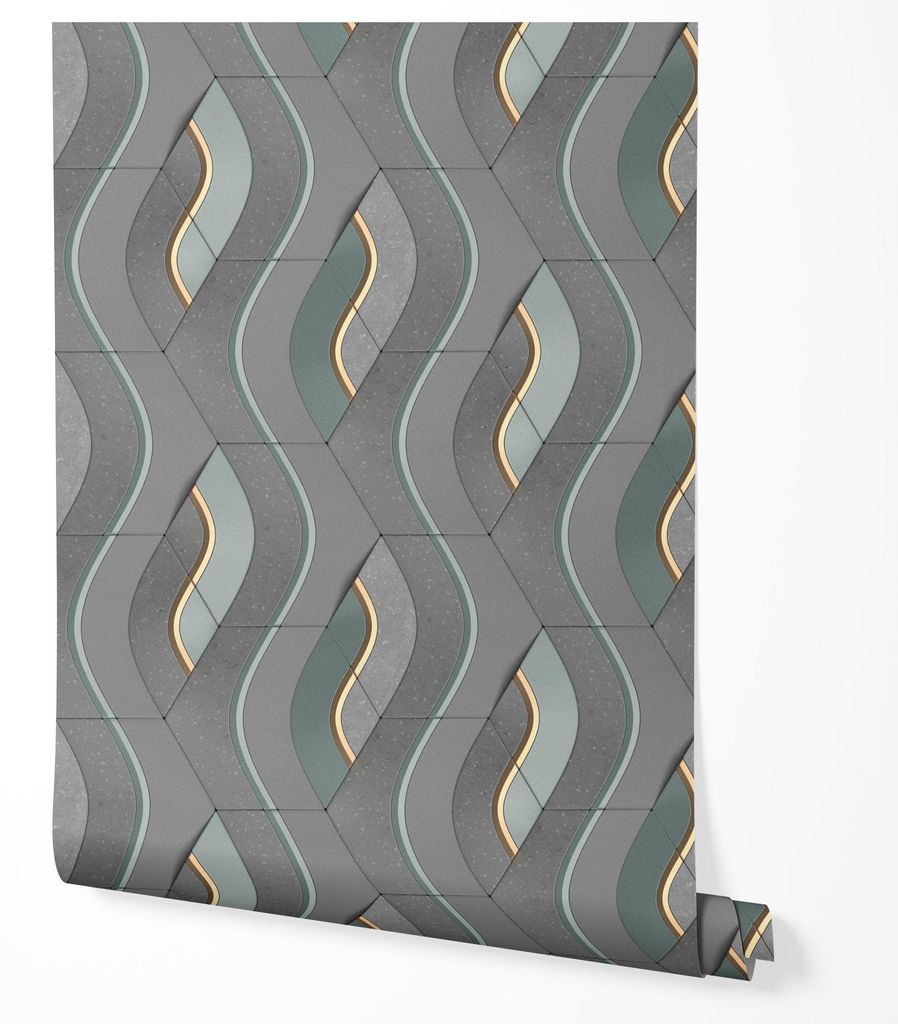Vliestapete Geometrisch 3D Wellen Muster Grau Grün Gold Modern Abstrakt Struktur Wohnzimmer Schlafzimmer Flur Elegantes Premium Design UV-beständ...