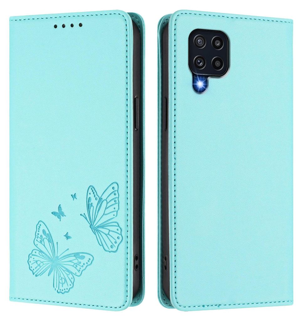 Lederhülle für Samsung Galaxy M32 4G, Schmetterling Prägung Leder Brieftasche Schutzhülle mit Ständer Türkis