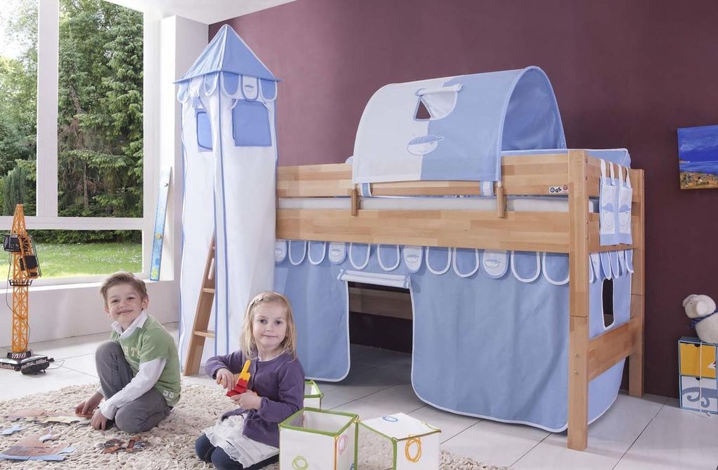 Halbhohes Einzelbett Kim Buche massiv lackiert 90x200 cm mit Textilset mit Turm