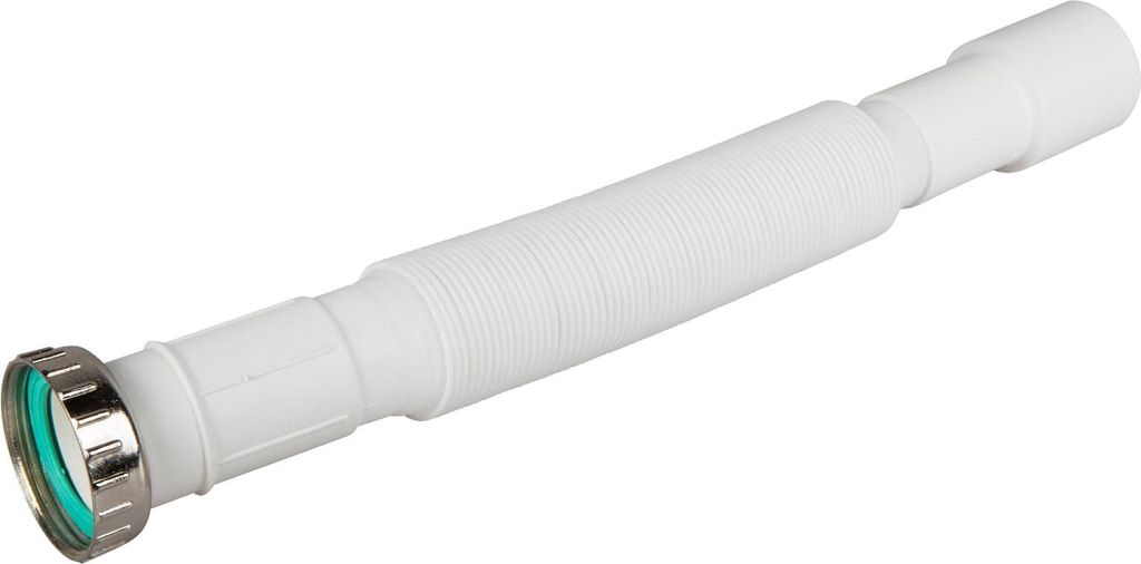 A white flexible drain hose with a silver fitting and a green gasket, isolated on a white background.