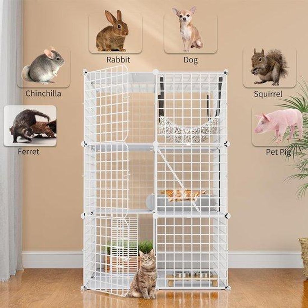 Katzenkäfig für drinnen, 3 Etagen, DIY Katzenlaufstall mit extra großer Hängematte für 1-2 Katzen, Frettchen, Chinchillas, Kaninchen, kleine T...