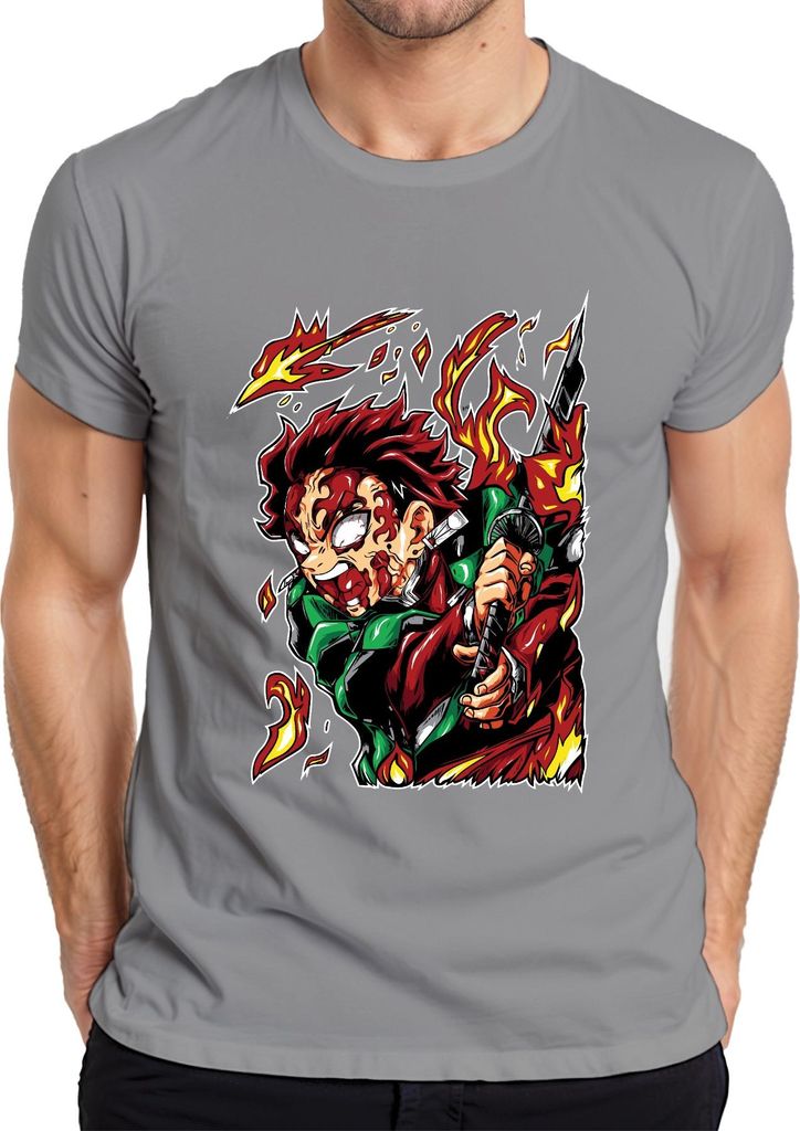 Dämonenjäger Samurai Katana Feuer Anime Geschenk Japan Y2K Streetwear Herren T-Shirt, Grau, 3XL