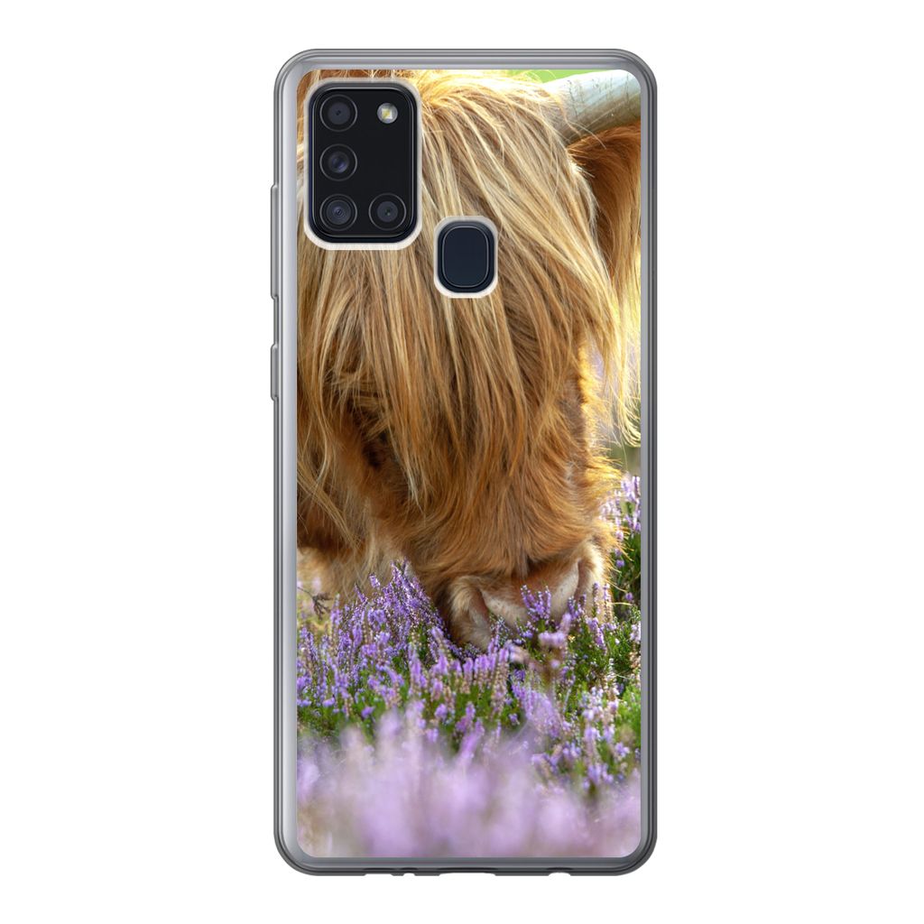MuchoWow Handyhülle Schutzhülle Hülle für Samsung Galaxy A21s Schottische Highlander - Gras - Heidekraut - Tiere Silikon Softcase Handy Hüll...