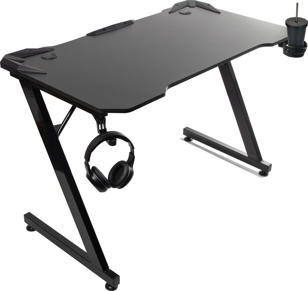 A black gaming desk with a headphone holder and a cup holder.