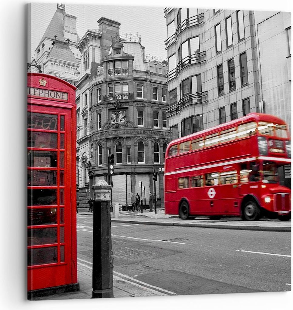 Bild auf Leinwand - Leinwandbild - Bus Telefon Straße - 60x60cm - Wand Bild - Wanddeko - Wandbilder - Leinwanddruck - Bilder - Kunstdruck - Wandde...