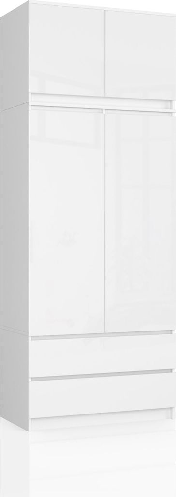 Kleiderschrank – Schlafzimmerschrank mit Kleiderstange – Weiß / Hochglanz – 90 cm – Erweiterbarer Drehtürenschrank mit Aufsatz und 2 Schu...