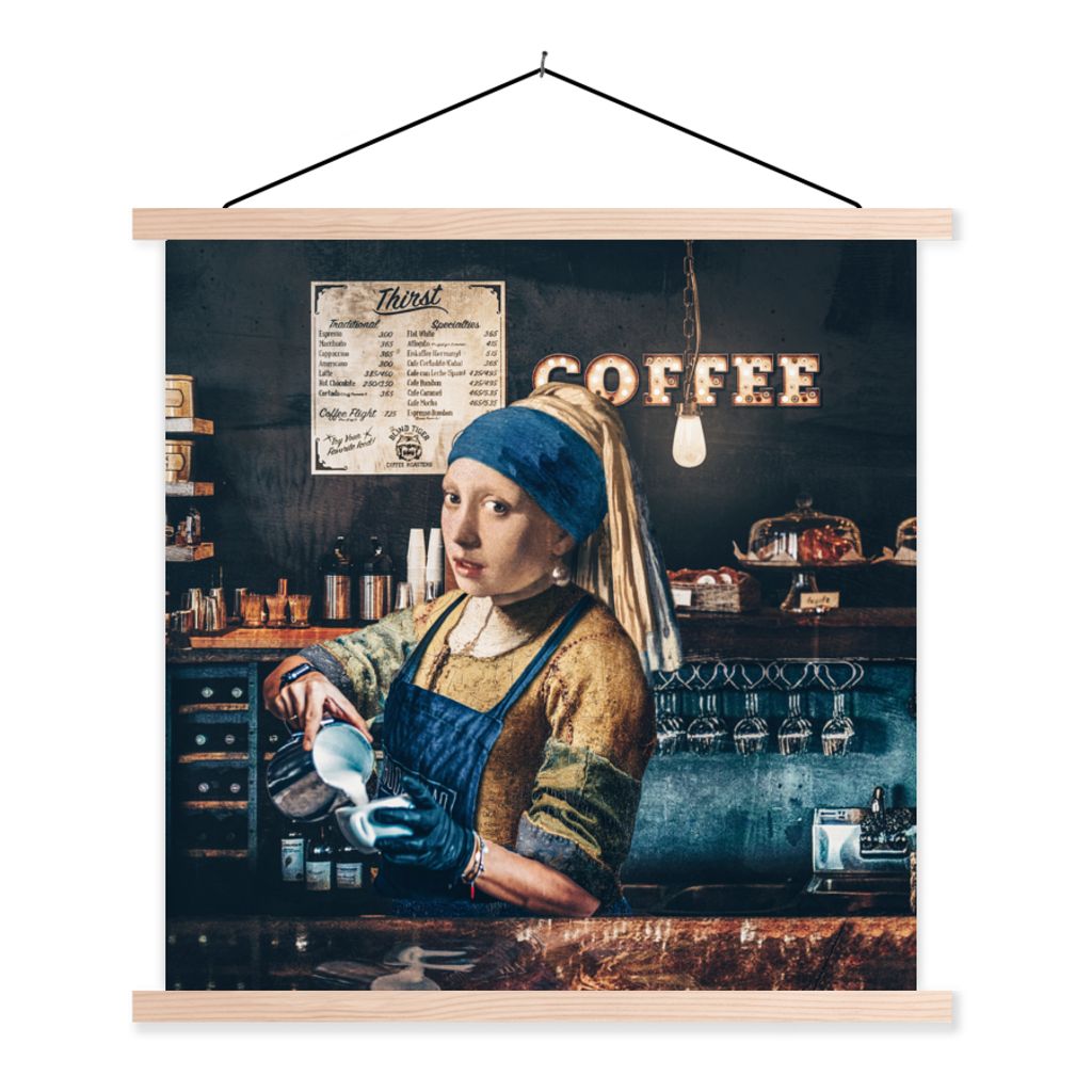 MuchoWow Textilposter Kaffee - Mädchen mit Perlenohrring - Barista - Vermeer - Cappuccino - Gemälde 60x60 cm mit holzfarbenen Rahmen - Wanddeko...