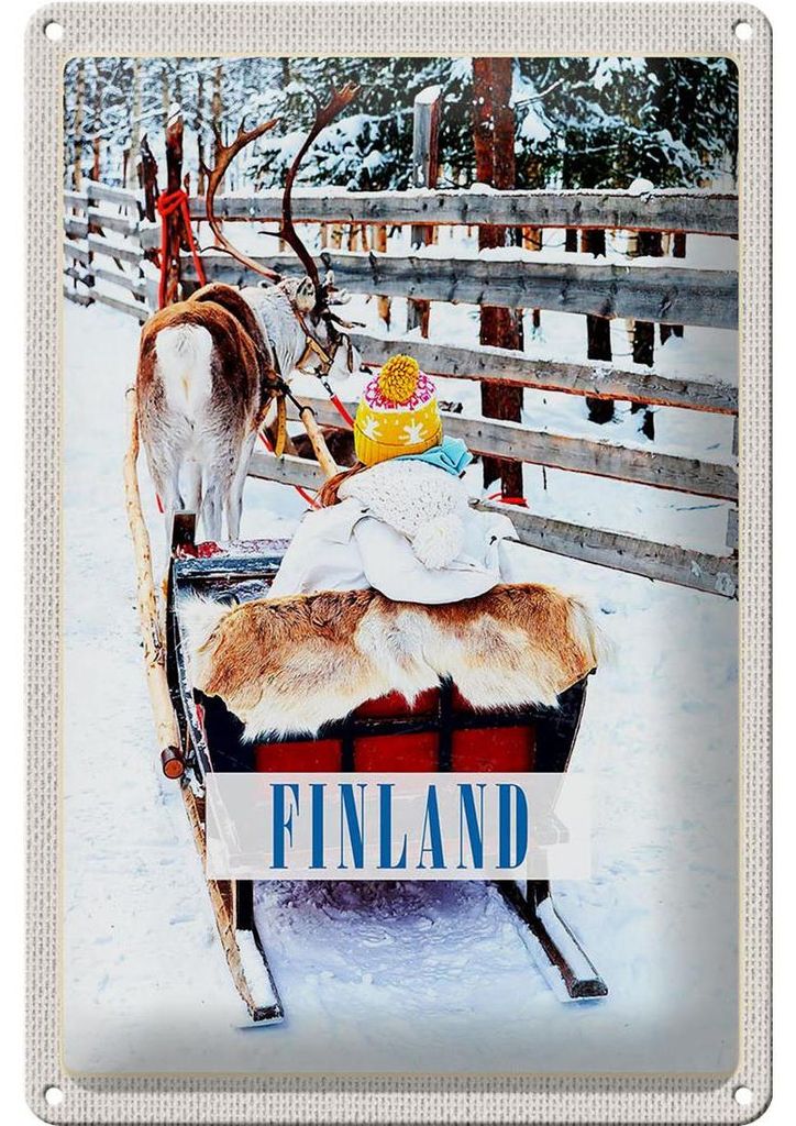Blechschild Reise 20x30cm Finnland Schnee Kind Hirsch Schlitten
