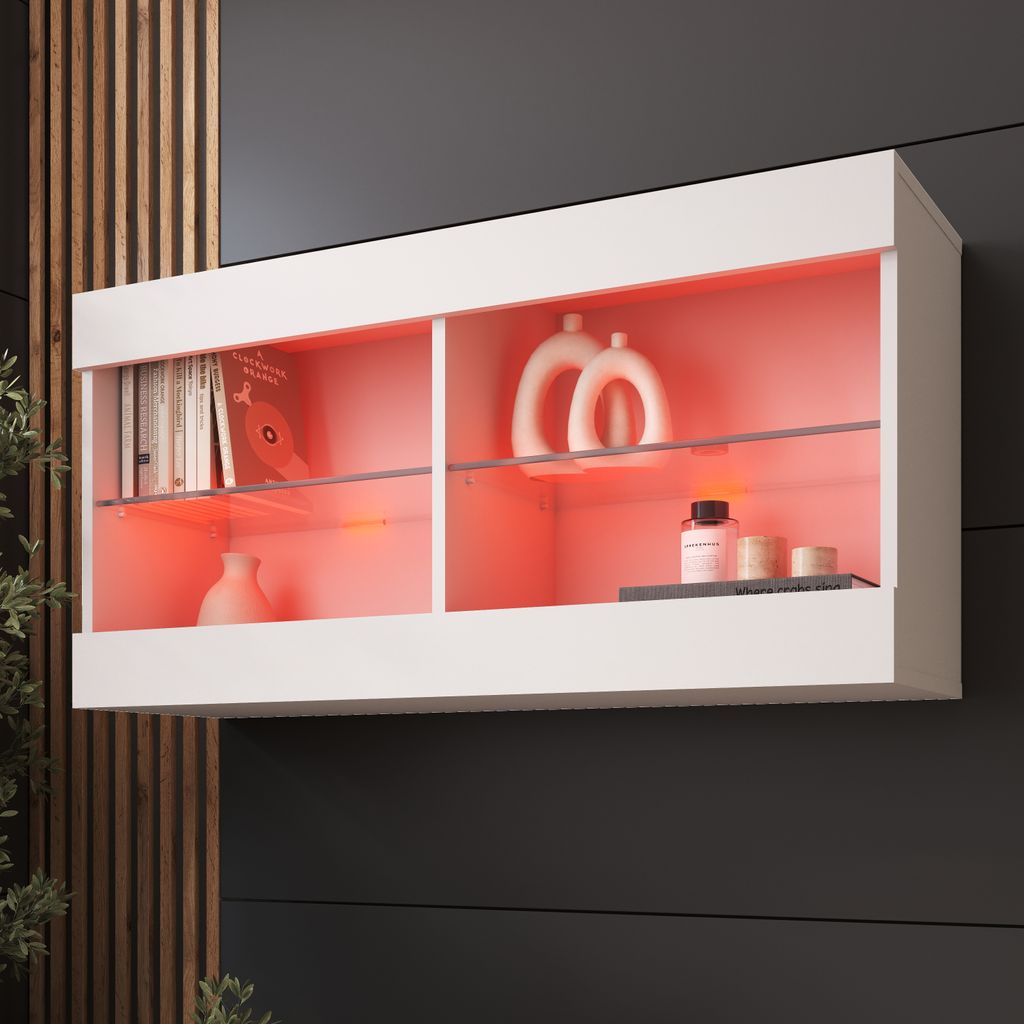 Komodee, Hängende Vitrine Schrank Tivoli, Weiß/Weiß, Breite 100cm x Höhe 50cm x Tiefe 29cm, LED RGB, 2 Regalböden, für Wohnzimmer, Schlafzimm...