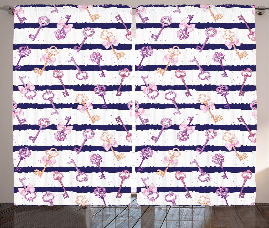 ABAKUHAUS Retro Rustikaler Vorhang, Vintage Keys und Band, Wohnzimmer Universalband Gardinen mit Schlaufen und Haken, 280 x 175 cm, Lila Blau