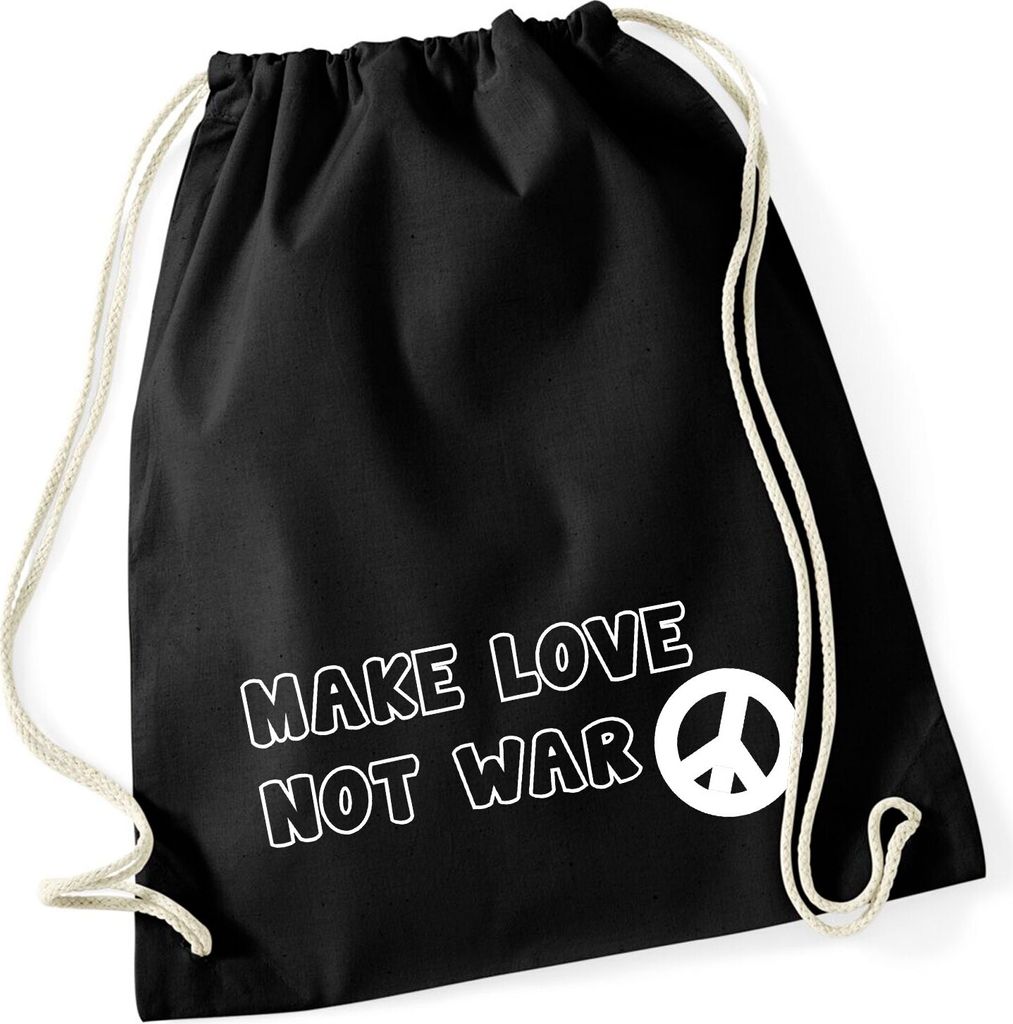Huuraa Turnbeutel Make Love not War 12 Liter Black Baumwolle Rucksack Geschenkidee