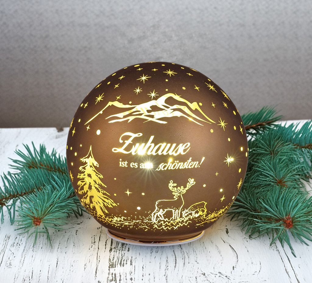 Deko-Kugel braun-gold 10 cm mit LED Licht - Timer Beleuchtete Glaskugel