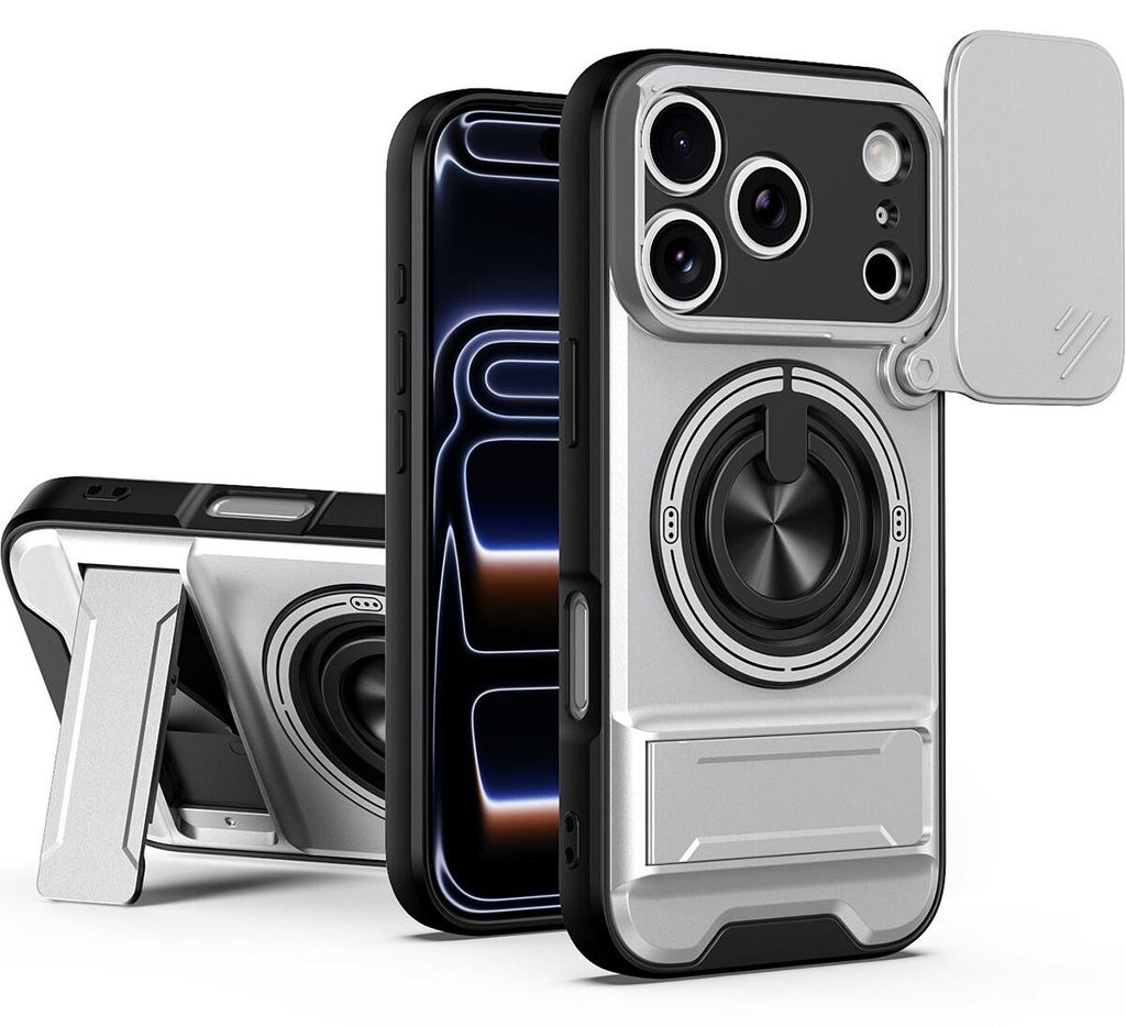 Magnetisch Hülle für iPhone 17 Pro Militär Stoßfest Hülle mit Dia Kameraschutz und Ringhalter Ständer Silber