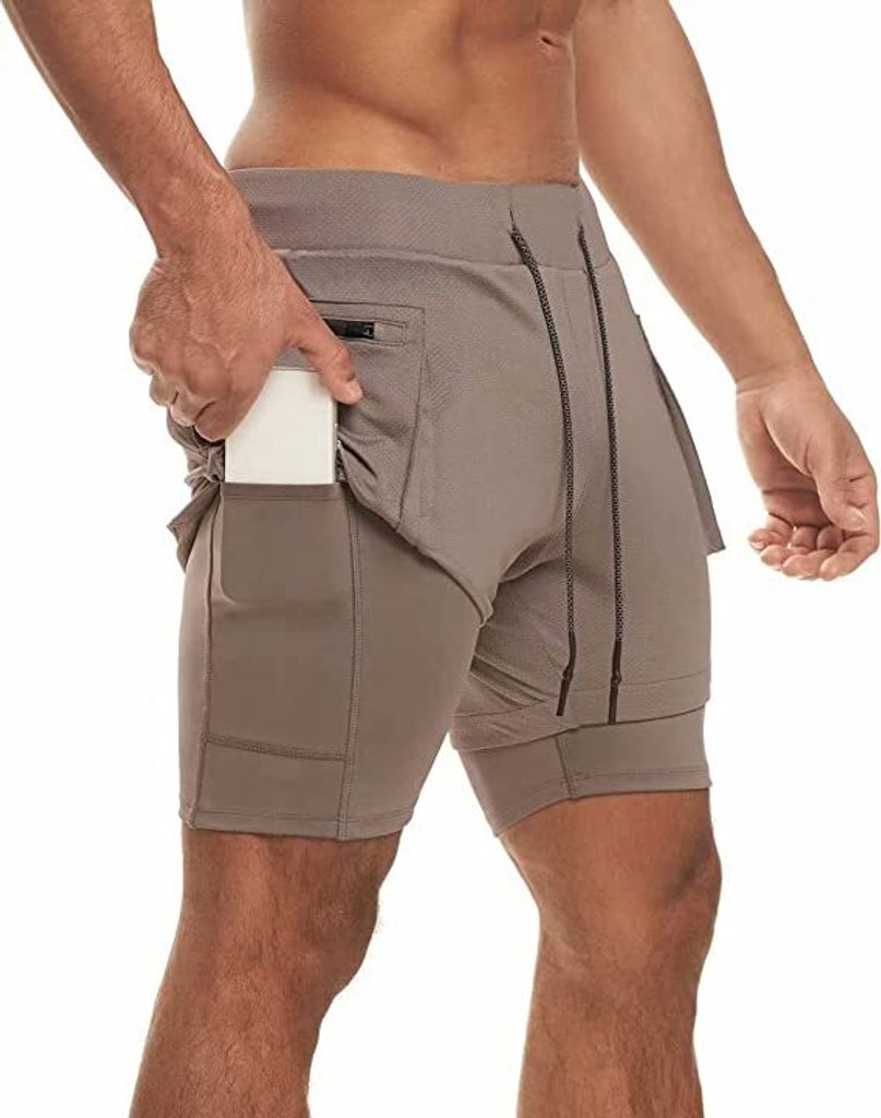 ASKSA Herren 2 in 1 Shorts Laufshorts Fitness Laufhose Gym Fitness Kurze Sporthose mit Taschen, Khaki, 3XL