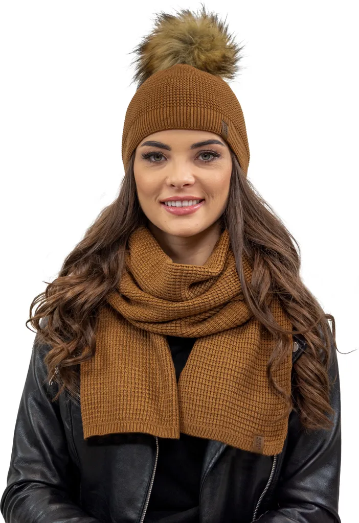 Ensemble Bonnet Hiver Femme et Écharpe en Maille Marron - Accessoires UE