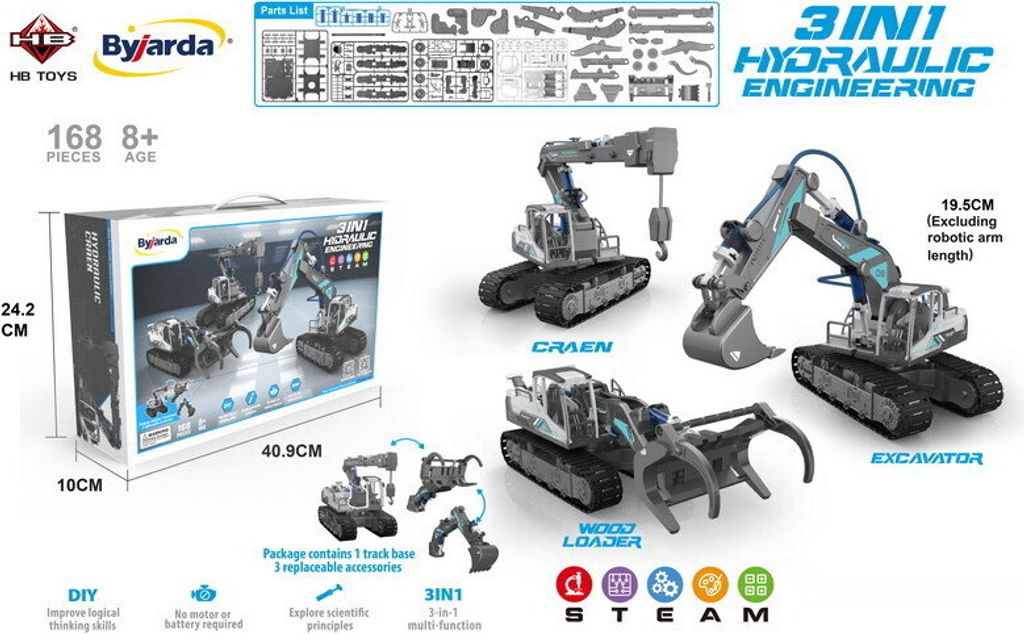 Baufahrzeug-Set 3in1 für Kinder ab 8 Jahren Hydraulik-Stromversorgung + Konstruktionsteile 168-tlg.