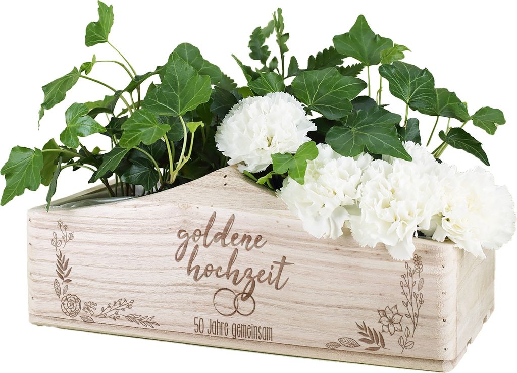Geschenkkorb aus Holz zur goldenen Hochzeit – Dekorative Geschenkbox mit Gravur - Pflanzkorb mit Griff