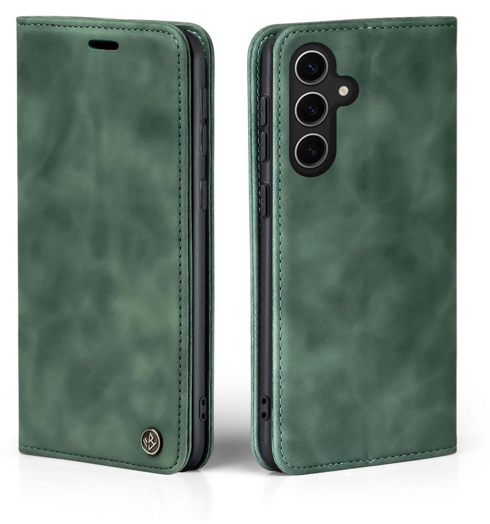 A green flip case for a Samsung Galaxy S24 FE phone, shown from two angles.