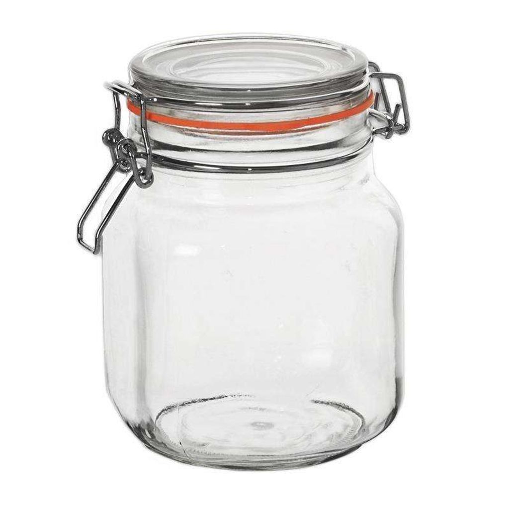 A clear glass jar with a wire bail and a rubber seal.