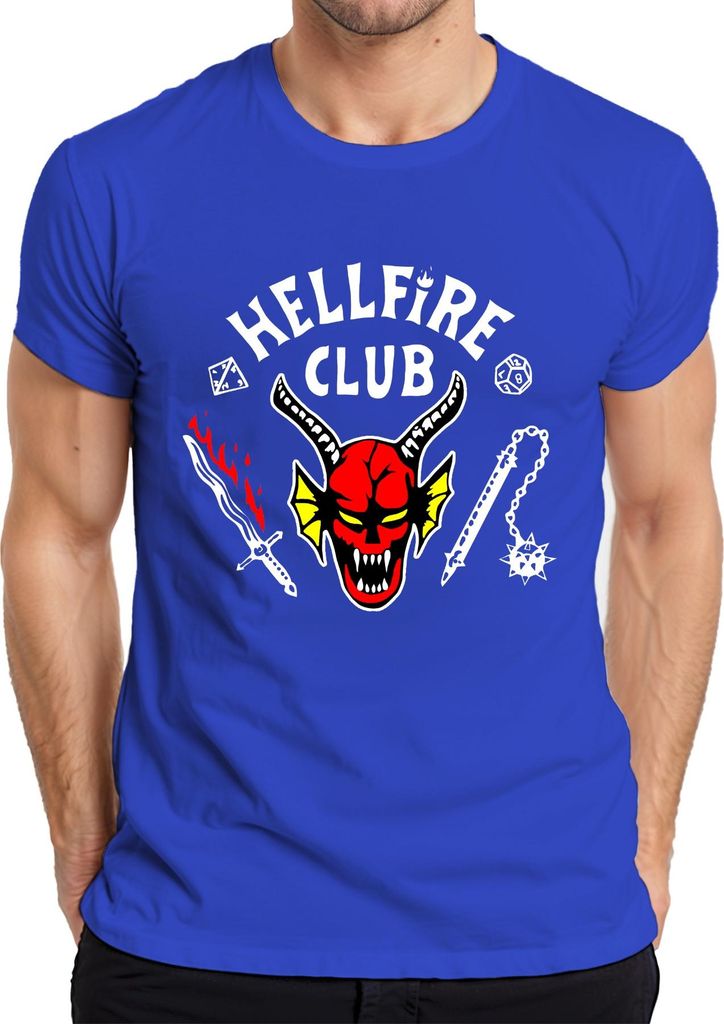 HELLFIRE CLUB Dämon Schädel Hörner D20 Flammenschwert Rollenspiel Herren T-Shirt, Blau, XXL