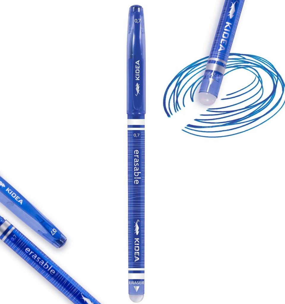 A blue erasable pen is shown from multiple angles, with one pen writing a swirl of blue ink.